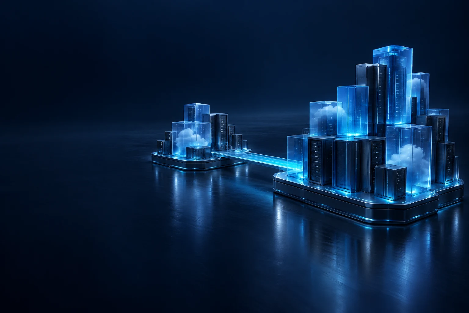 Two glass infrastructure clusters joined by a luminous bridge, representing hybrid connectivity.