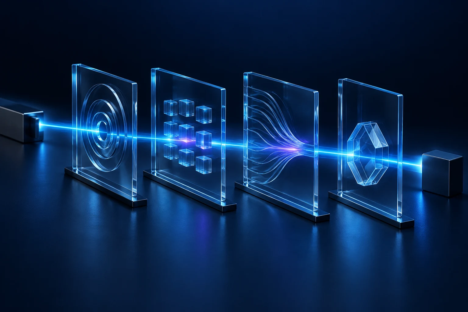 Four glass orchestration layers connected by a continuous cyan light path.